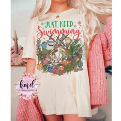 disney finding nemo characters group just keep swimming christmas t-shirt, marlin dory crush bruce xmas matching tee, di