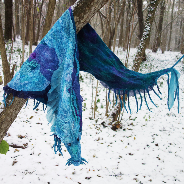 turquoise nunofelt wool silk art scarf dragon gift.jpg