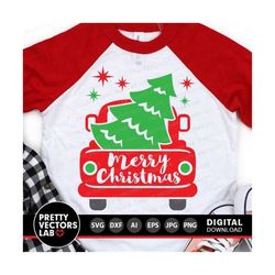 christmas truck svg, red truck with tree svg, merry christmas svg, dxf, eps, png, winter holiday cut files, kids clipart