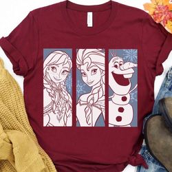 frozen elsa anna olaf character panels retro t-shirt, disney princess tee, wdw magic kingdom disneyland family vacation
