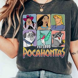 pocahontas characters group shot 1995 retro shirt, disney meeko flit captaintee, wdw magic kingdom disneyland family vac