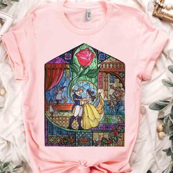 retro disney beauty & the beast stained glass rose shirt, magic kingdom holiday unisex t-shirt family birthday gift adul