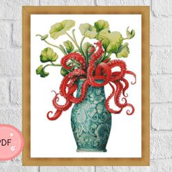Cross Stitch Pattern,Octopus in a flower pot, Pdf,Instant Download , Floral Xstitch Chart, Asian Style,Japanese Vase