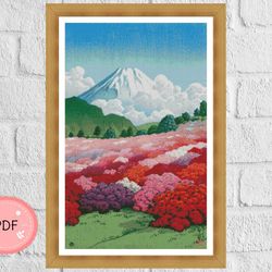 Cross Stitch Pattern,Kawase Hasui's Azalea Garden,Pdf,Instant Download,Japanese Art,Japan Woodblock Art,Mount Fuji