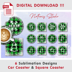 6 Christmas Buffalo Plaid & Ice Templates - Car Coaster Design - Sublimation Waterslade Pattern - Digital Download
