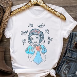 vintage disney snow white birds and apple sketch shirt, disneyland vacation trip unisex t-shirt family birthday gift adu