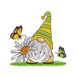daisy gnome and butterflies embroidery design, 4 sizes, instant download
