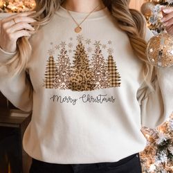 leopard merry christmas trees sweatshirt, christmas sweatshirt, holiday sweater, womens holiday sweatshirt, christmas sh