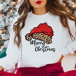 leopard santa hat merry christmas sweatshirt, christmas tshirt, cheetah shirt, christmas sweatshirt, christmas family sw