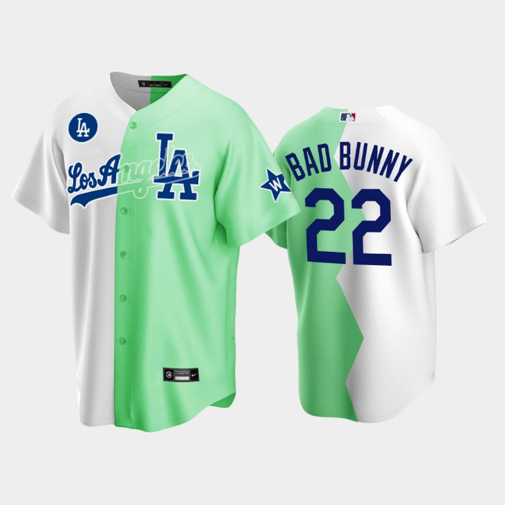 Dodgers Bad Bunny White Green All-Star Celebrity Softball Split Jersey.jpg