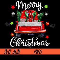 merry christmas png, three gnomes red truck tree xmas holiday png