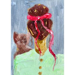 Cat Painting Redhead Girl Portrait Original Artwork 3d Oil Art 5x7