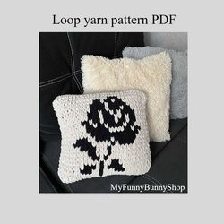 Loop yarn Black&White Rose finger knitted cushion cover pattern PDF Download