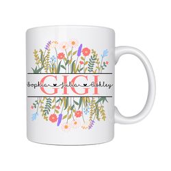gigi mug with grandkids names,personalized gigi  wildflowers mug,grandkids names mug