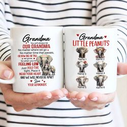 grandmas little peanuts custom mug, flower elephant lover mug, gift for grandma