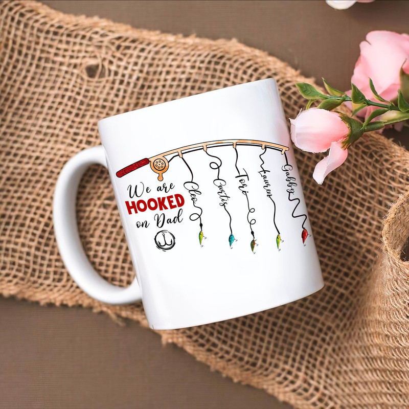 Personalized Name Kids Mugs, We are Hooked On Dad Funny Mug, Father's Day Mug Gifts, Dad Fishing Lover Mug - 1.jpg