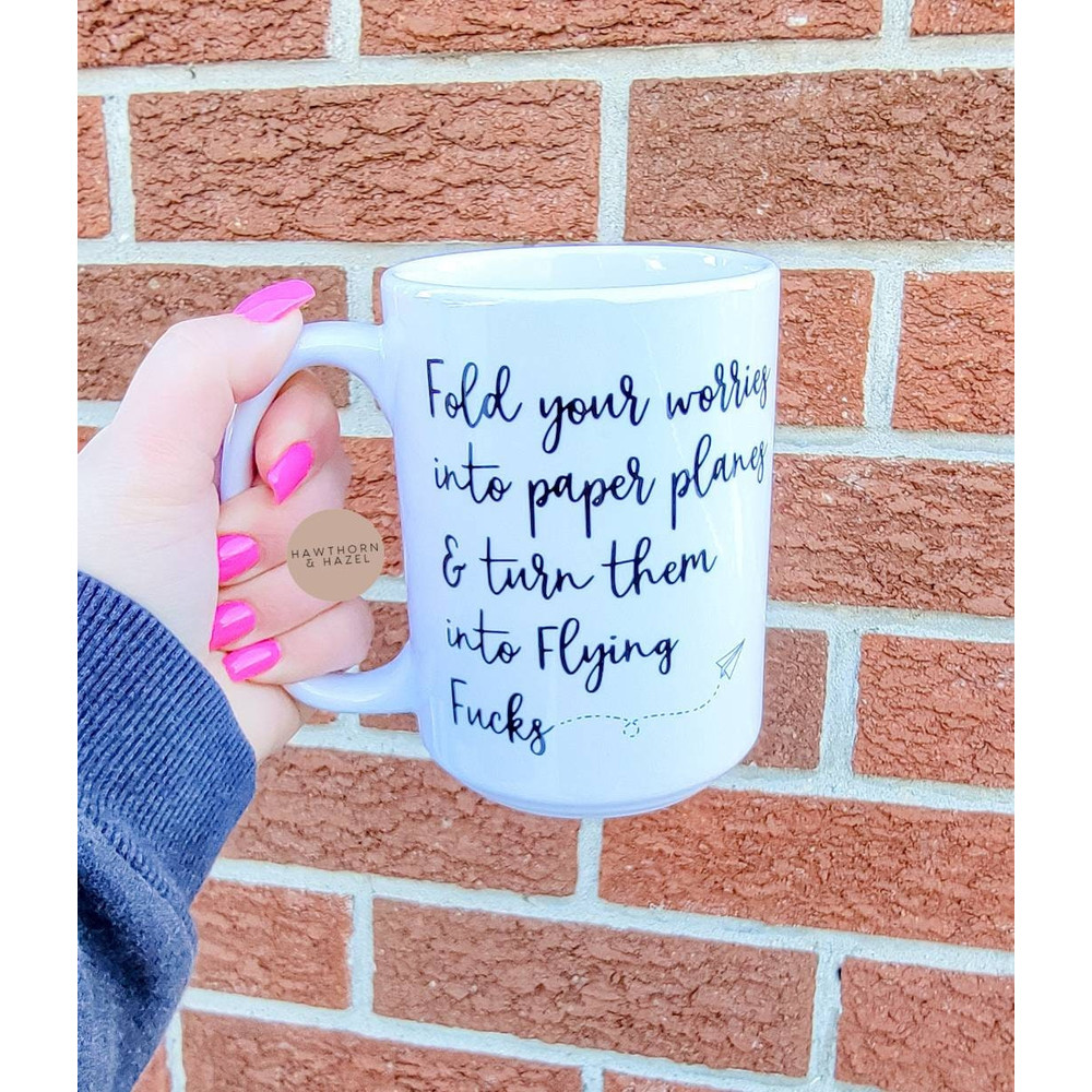 Flying Fucks, Worries, funny gift, sassy, Paper planes, Fold your worries, Dishwasher Safe, Ceramic Coffee Mug - 1.jpg