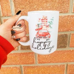 happy holidays, vintage red christmas car,christmas mug, ceramic coffee mug