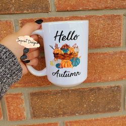 hello autumn, fall, pumpkin, coffee lover, tea mug, coffee mug, dishwasher