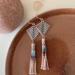 Pale pink blue tassel beaded earrings, lightweigh vibrant shades dangle earrings, boho bohemian hippie jewelry, perfe