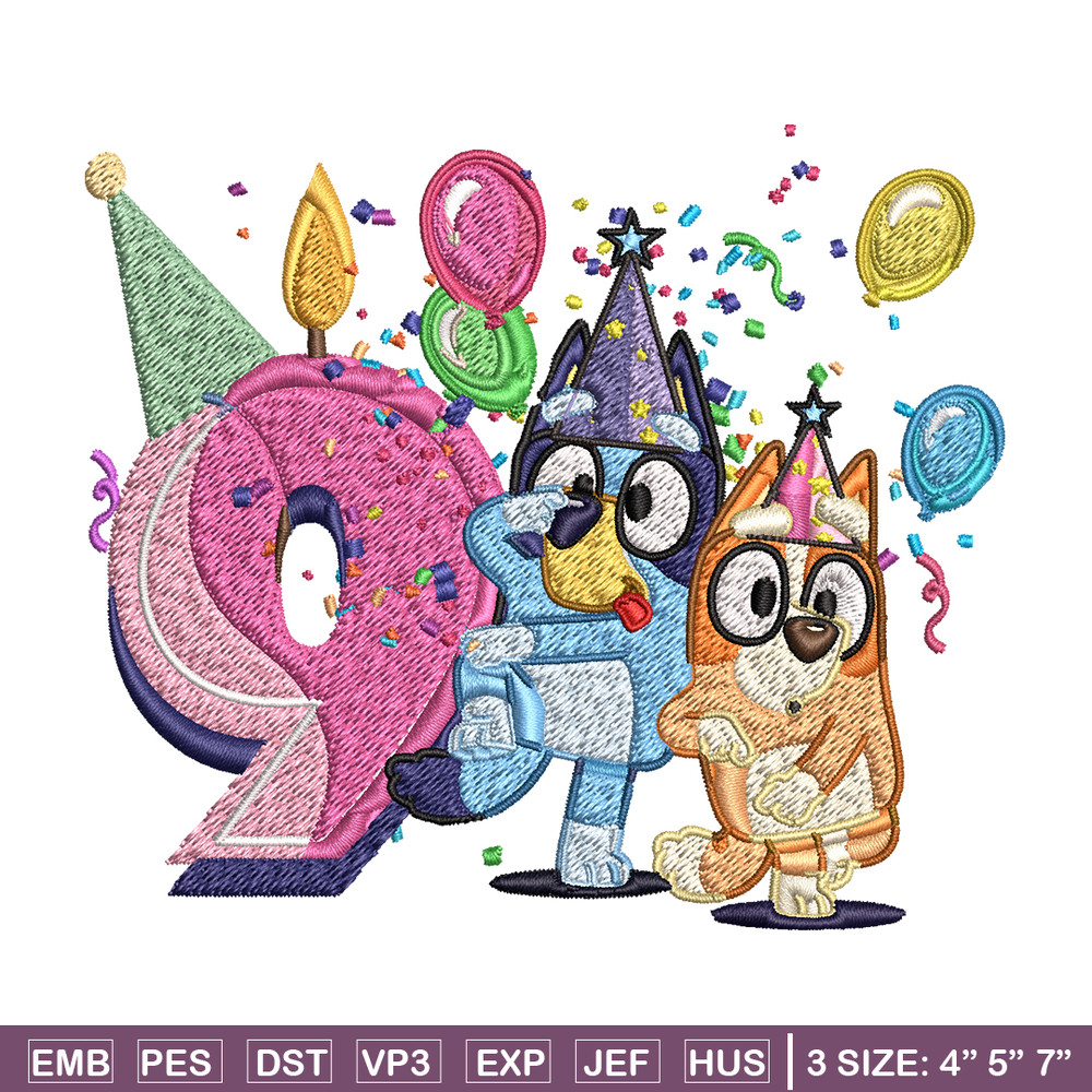 Bluey bingo 9th birthday Embroidery, Bluey birthday Embroidery, Embroidery File, cartoon design, Digital download..jpg