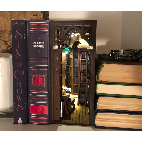 Library-book-nook-bookshelf-insert-diorama-Booknook-fully-assembled-Miniature-with-raven-and-scull-Shelf-insert-gothic-book-shelf-decor-1.JPG