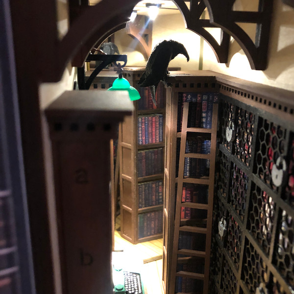 Library-book-nook-bookshelf-insert-diorama-Booknook-fully-assembled-Miniature-with-raven-and-scull-Shelf-insert-gothic-book-shelf-decor-4.JPG