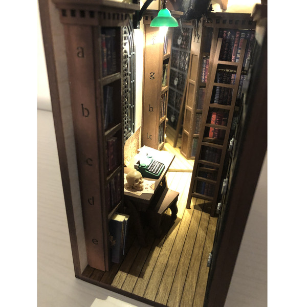 Library-book-nook-bookshelf-insert-diorama-Booknook-fully-assembled-Miniature-with-raven-and-scull-Shelf-insert-gothic-book-shelf-decor-6.JPG