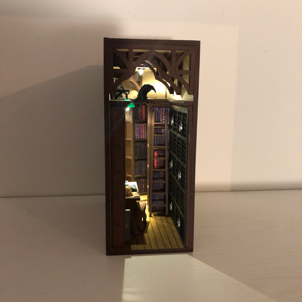 Library-book-nook-bookshelf-insert-diorama-Booknook-fully-assembled-Miniature-with-raven-and-scull-Shelf-insert-gothic-book-shelf-decor-7.JPG