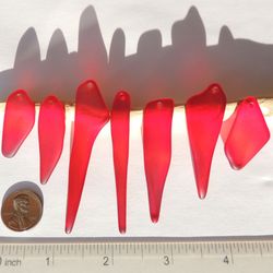 7 RECYCLED HANDMADE top drilled sea glass for jewelry 33-70 mm in length, beautiful red
