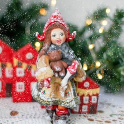 Christmas Textile Handmade Interior gift Vintage retro dolls teddy bear OOAK art Collectible present