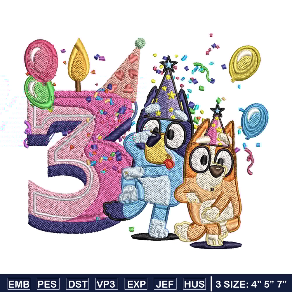 Bluey bingo 3rd birthday Embroidery, Bluey birthday Embroidery, Embroidery File, cartoon design, Digital download..jpg
