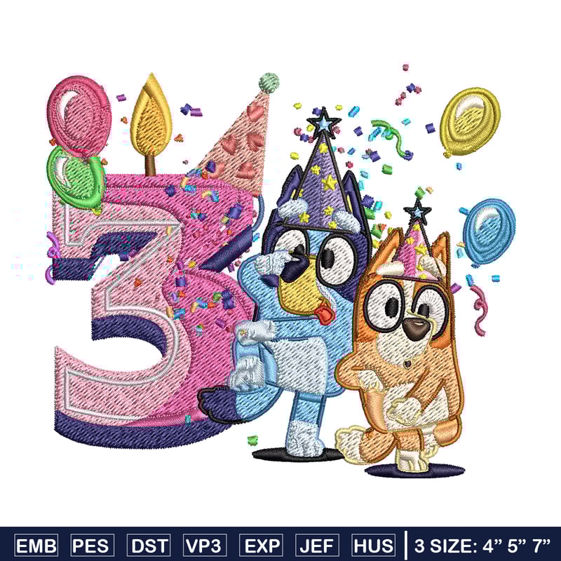 Bluey bingo 3rd birthday Embroidery, Bluey birthday Embroidery, Embroidery File, cartoon design, Digital download..jpg