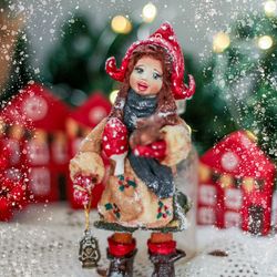 Christmas Textile Handmade Interior gift Vintage retro dolls teddy bear OOAK art Collectible present