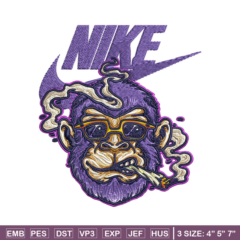 Monkey head smoking Nike Embroidery design, Monkey Embroidery, Nike design, Embroidery file, Instant download..jpg