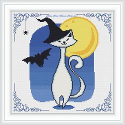 Cross stitch pattern white cat witch hat moon fishnet frame happy Halloween holiday kids animal counted crossstitch PDF