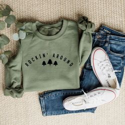 christmas tree sweatshirt, rockin around the christmas tree sweater, hoodie, unisex adult holiday shirt, merry xmas crew