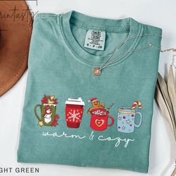 cozy holiday t-shirt, warm & cozy t-shirt, cozy christmas t-shirt, christmas coffee t-shirt, holiday apparel, coffee and