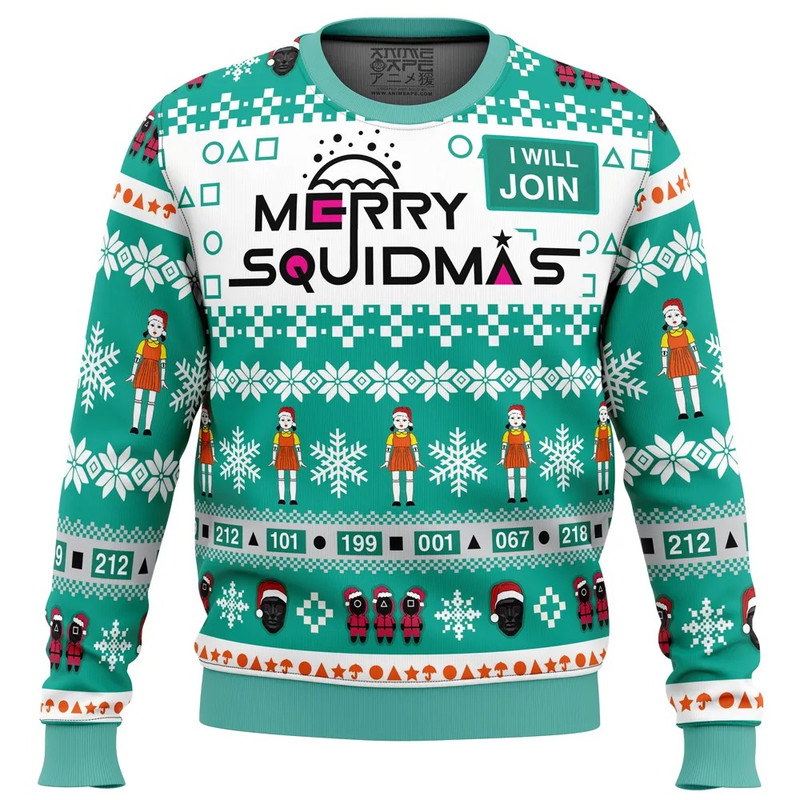 Merry Squidmas Squid Game All Over Print Hoodie 3D Zip Hoodie 3D Ugly Christmas Sweater 3D Fleece Hoodie