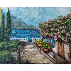 Handmade painting original acrylic art, texture painting Italian landscape, village painting art work,original painting