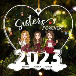 sisters forever - personalized 2023 heart shaped acrylic ornament
