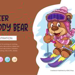 cartoon teddy bear skier. t-shirt, png, svg.