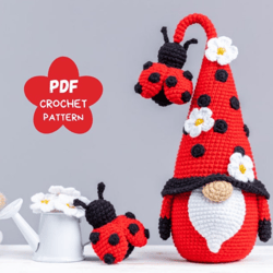Crochet patterns Gnome Ladybug, Crochet summer gnome pattern, Gnome amigurumi pattern, Crochet gnome pattern with croche