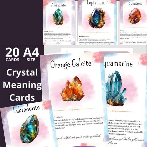 A Set of 20 Crystal Meaning Cards |variety of crystals printable| pdf| png with resell rights