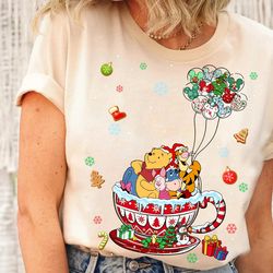 disney winnie the pooh coffee cup christmas balloon shirt,  pooh tigger piglet eyore ,disneyland christmas matching fami