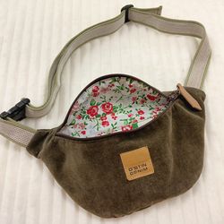 Cute handmade cotton corduroy belt bag, Swamp green color, sling bag, fanny pack for small items