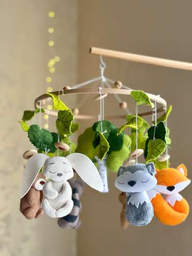 Woodland nursery mobile crib, Forest mobile felt, Hanging mobile musical, Woodland animals crib mobile