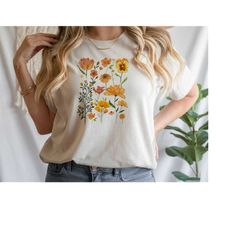 orange wildflower tshirt, cottagecore shirt, floral shirt, botanical shirt, boho spring flowers tshirt, gardening shirt,