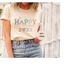 happy first day of school shirt for teacher, back to school teacher gifts, custom teacher shirt, mickey and minnie schoo