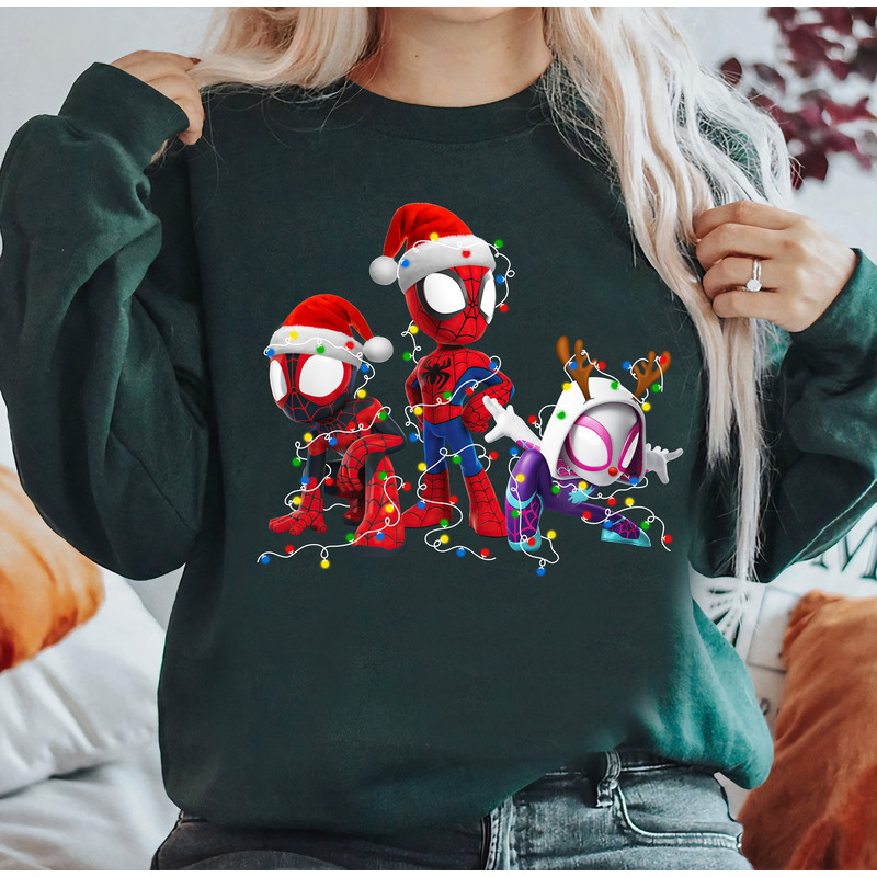 Marvel Spidey and His Amazing Friends Christmas Lights Shirt, Spin and Ghost-Spider Marvel Xmas Shirt, Spiderman Family Matching Shirt.jpg